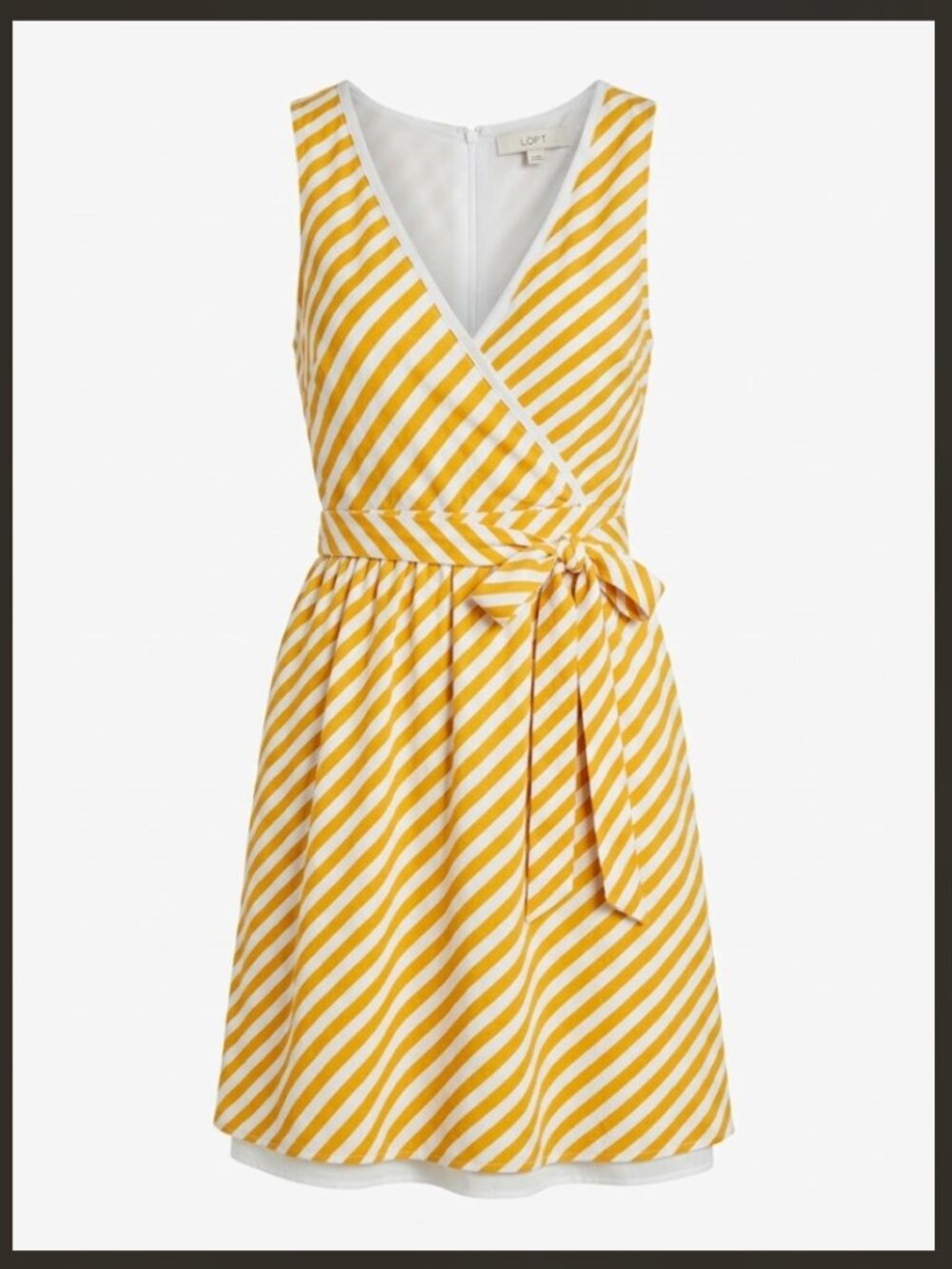 LOFT Yellow White Striped Faux Wrap Dress Sleeveless Belted Midi Summer Sz 14